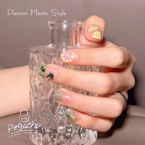 Pegachu uñas postizas 2024 verano modernas colores  cuadradas transparentes amarillas verdes con lima, diamante