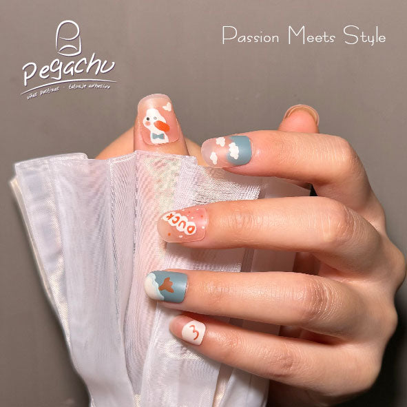 Pegachu uñas postizas 2024 verano modernas colores uñas postizas blancas azules transparentes con patito