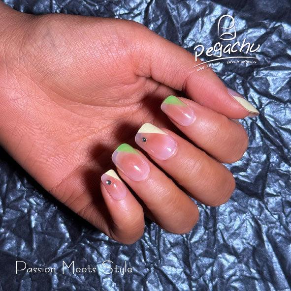 Pegachu uñas postizas 2024 verano modernas colores cuadradas nudes amarillas verdes con diamante