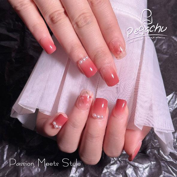 Pegachu uñas postizas 2024 verano modernas colores uñas postizas rosas degradadas con flor durazno, sakura, perla