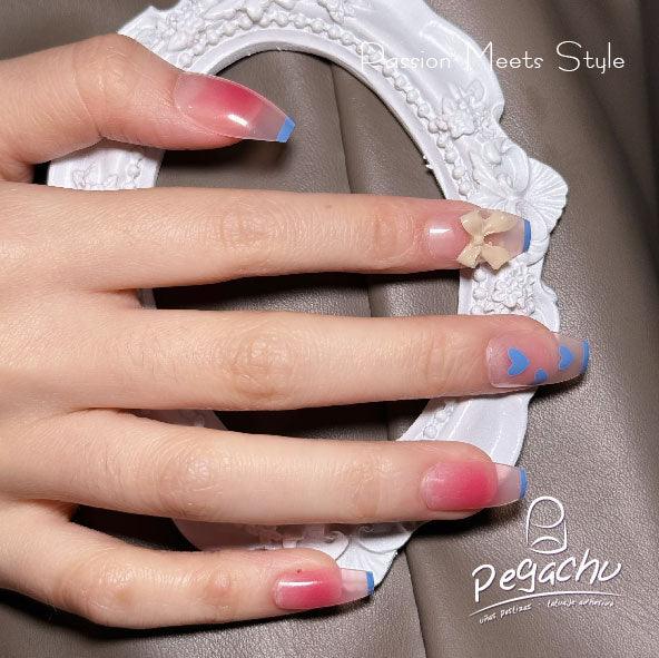 Pegachu uñas postizas 2024 verano modernas colores Uñas Postizas rosas azules transparentes degradadas Con Corazón, Lazo