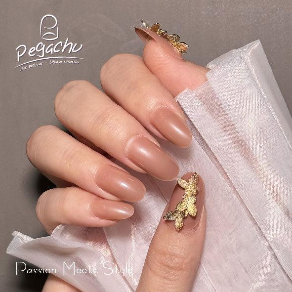 Pegachu uñas postizas 2024 verano modernas colores uñas postizas largas nudes rosas con mariposas dorados tridimensionales