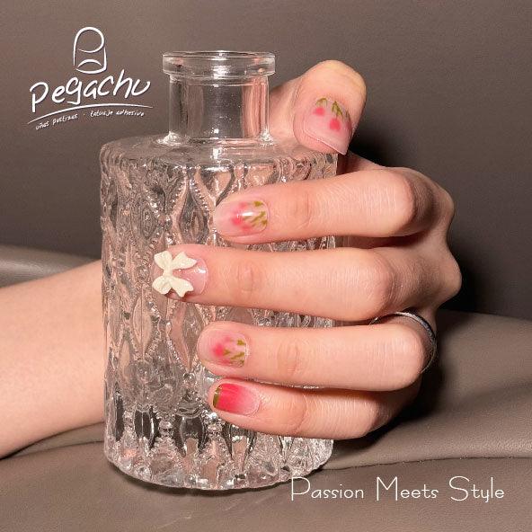 Pegachu uñas postizas 2024 verano modernas colores uñas postizas rosas transparentes con flor de tulipán, lazo blanco