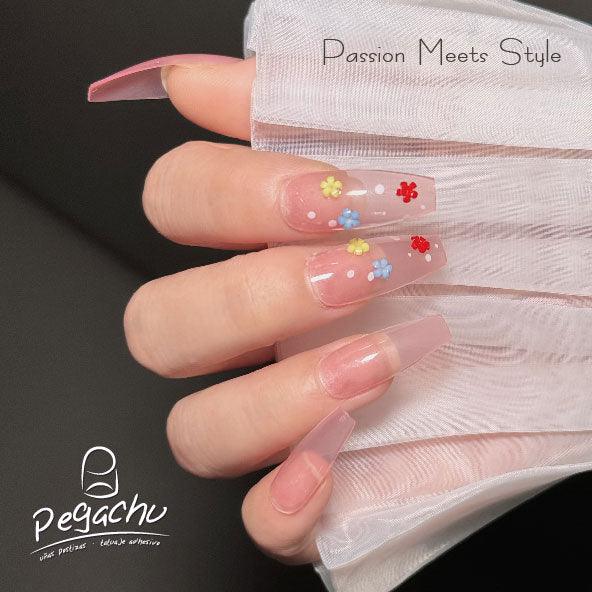 Pegachu uñas postizas 2024 verano modernas colores largas rosas nudes transparentea con flores de colores