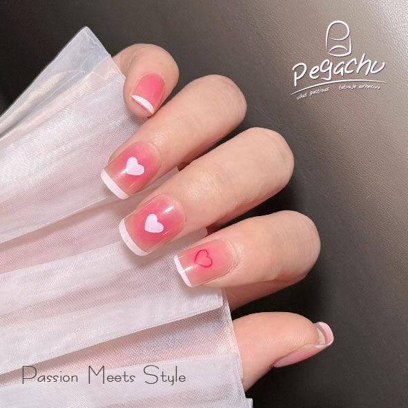 Pegachu uñas postizas 2024 verano modernas colores Francesas Rosas Blancas Con Corazones