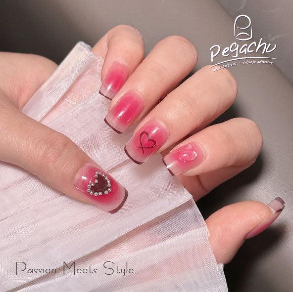 Pegachu uñas postizas 2024 verano modernas colores uñas postizas cuadradas francesas rosas con corazón, perlas