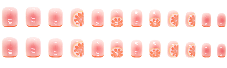 Pegachu uñas postizas 2024 verano modernas colores cuadradas naranjas transparentes con limón, pomelo