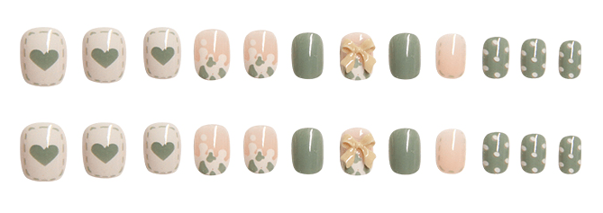 Pegachu uñas postizas 2024 verano modernas colores uñas postizas blancas verdes  con lazos, corazones, lunares