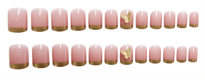 Pegachu uñas postizas 2024 verano modernas colores uñas postizas rosas nudes francesas cuadradas con mariposas doradas