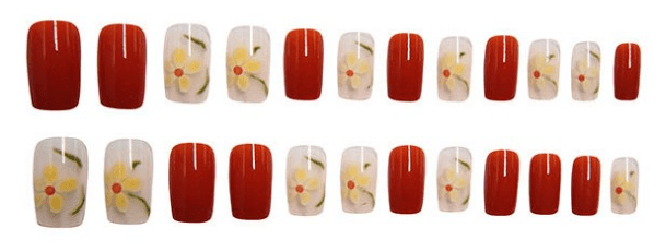 Pegachu uñas postizas 2024 verano modernas colores rojas transparentes con pequeñas flores amarillas