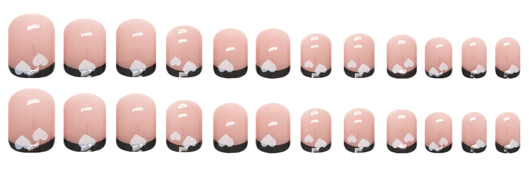 Pegachu uñas postizas 2024 verano modernas colores rosas nudes francesa con borde negro, corazones blancos