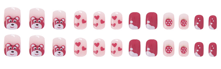 Pegachu uñas postizas 2024 verano modernas colores rojas transparentes con fresas, corazones, nubes, ositos de fresa