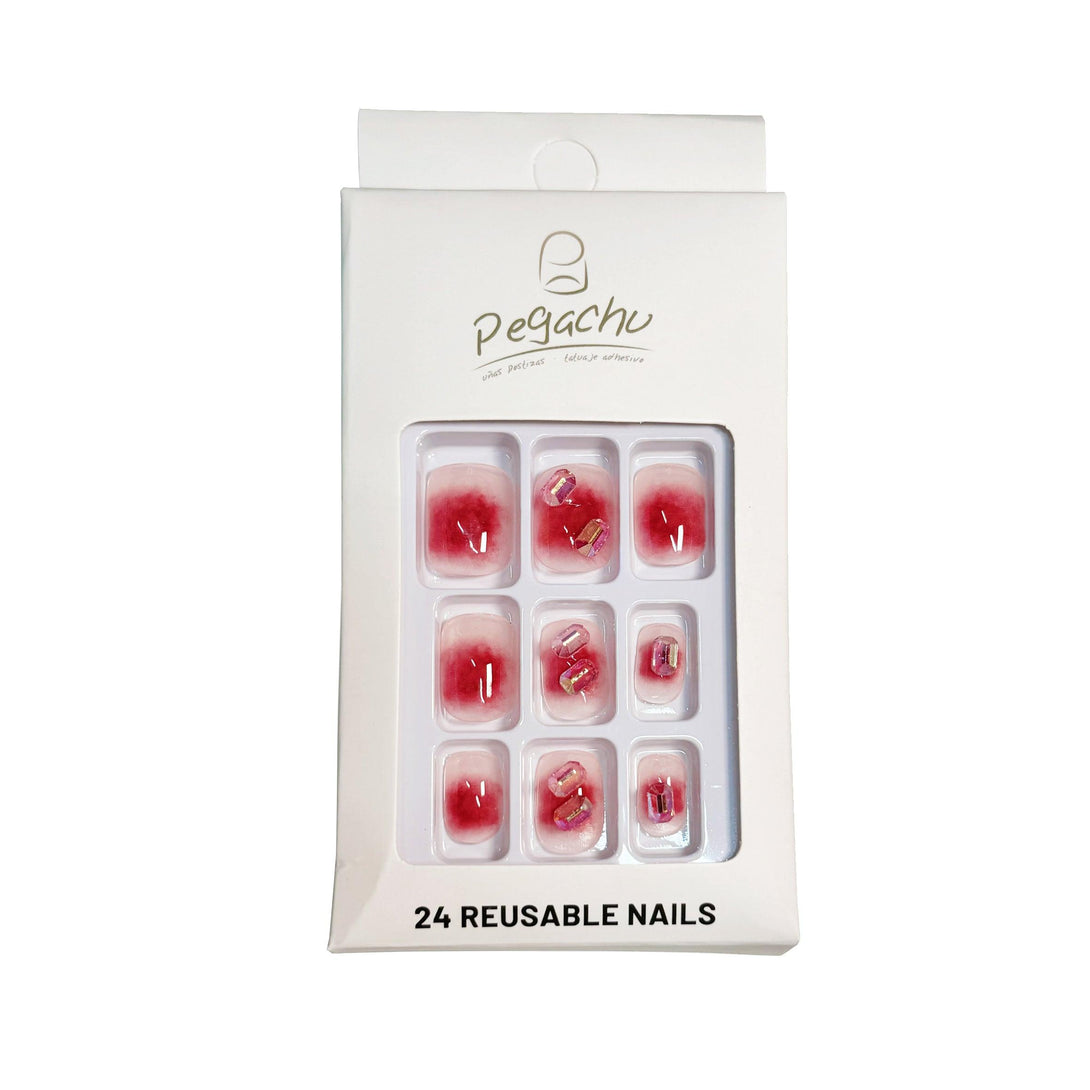 Pegachu uñas postizas 2024 verano modernas colores uñas postizas cuadradas rosas rojas transparentes con diamantes cuadrados