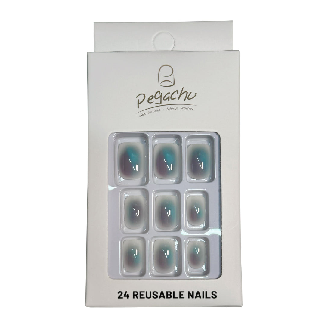 Pegachu uñas postizas 2024 verano modernas colores cuadradas transparentes azules moradas mezcladas