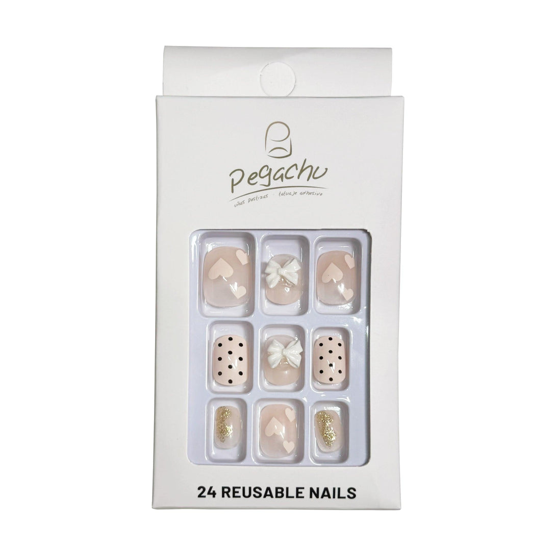 Pegachu uñas postizas 2024 verano modernas colores uñas postizas cuadradas rosas con lazos blancos, lunares negros