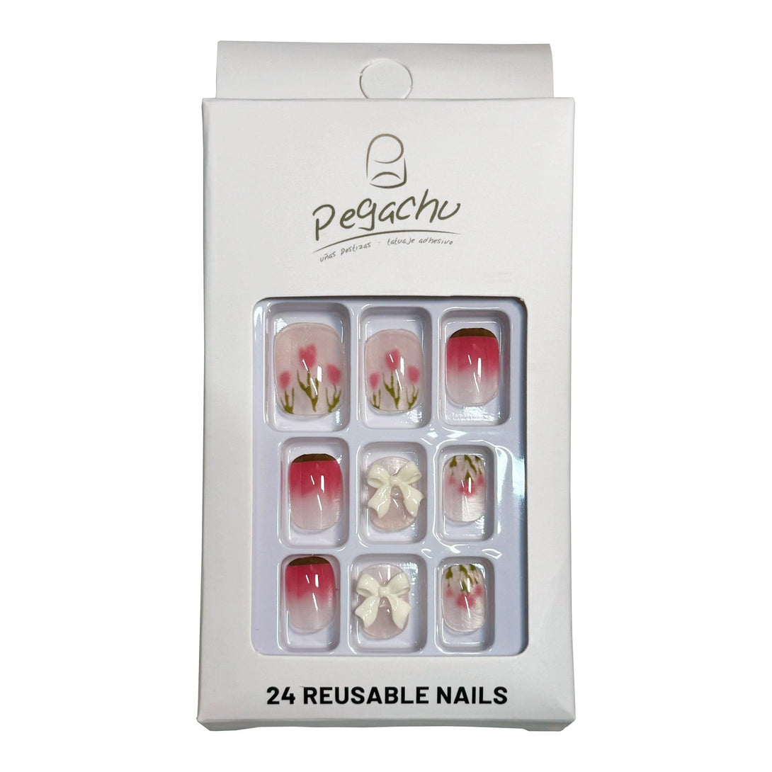 Pegachu uñas postizas 2024 verano modernas colores uñas postizas rosas transparentes con flor de tulipán, lazo blanco