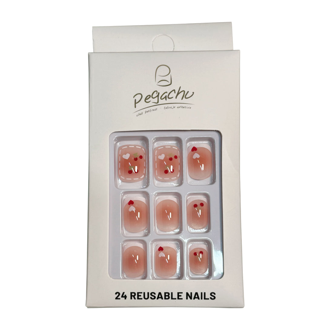 Pegachu uñas postizas 2024 verano modernas colores uñas postizas francesa rosas con corazón, cereza