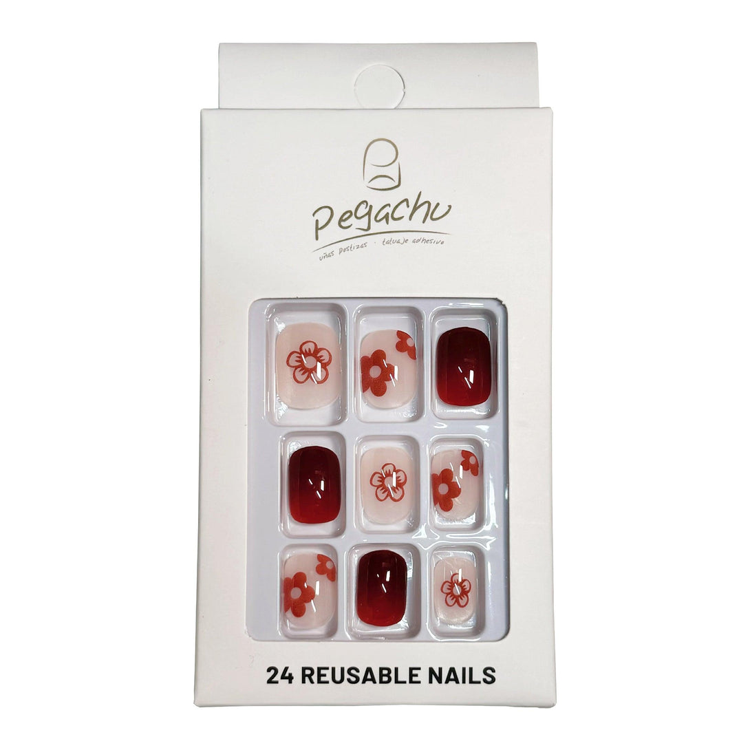 Pegachu uñas postizas 2024 verano modernas colores uñas postizas cuadradas rojas blancas con pequeñas flores