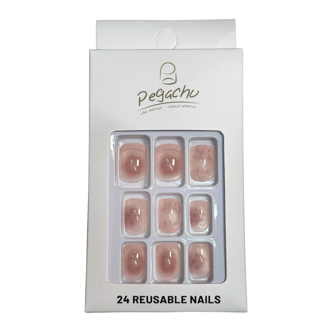 Pegachu uñas postizas 2024 verano modernas colores uñas postizas rosas degradadas francesas con flores blancos de cerezo