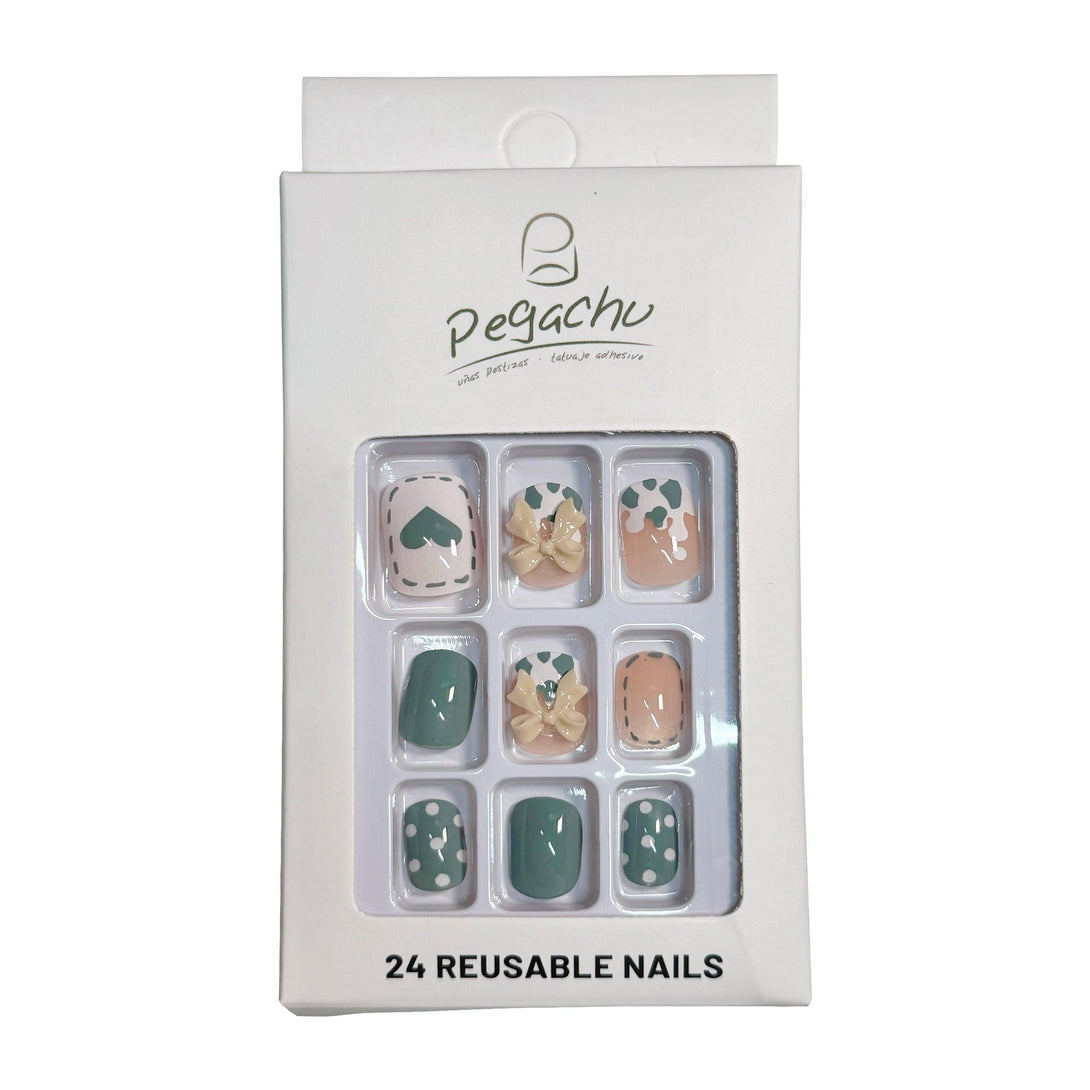 Pegachu uñas postizas 2024 verano modernas colores uñas postizas blancas verdes  con lazos, corazones, lunares