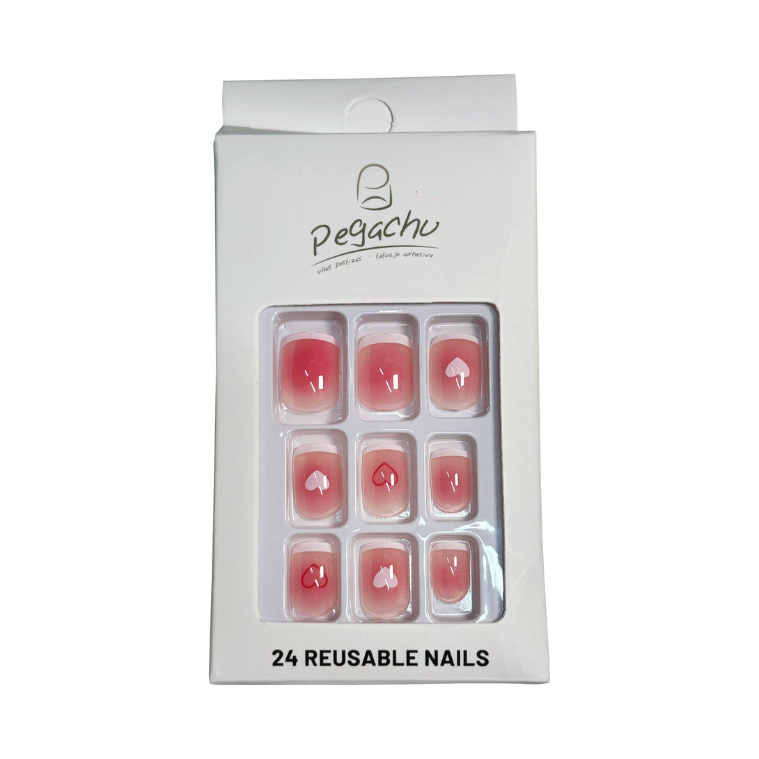 Pegachu uñas postizas 2024 verano modernas colores Francesas Rosas Blancas Con Corazones