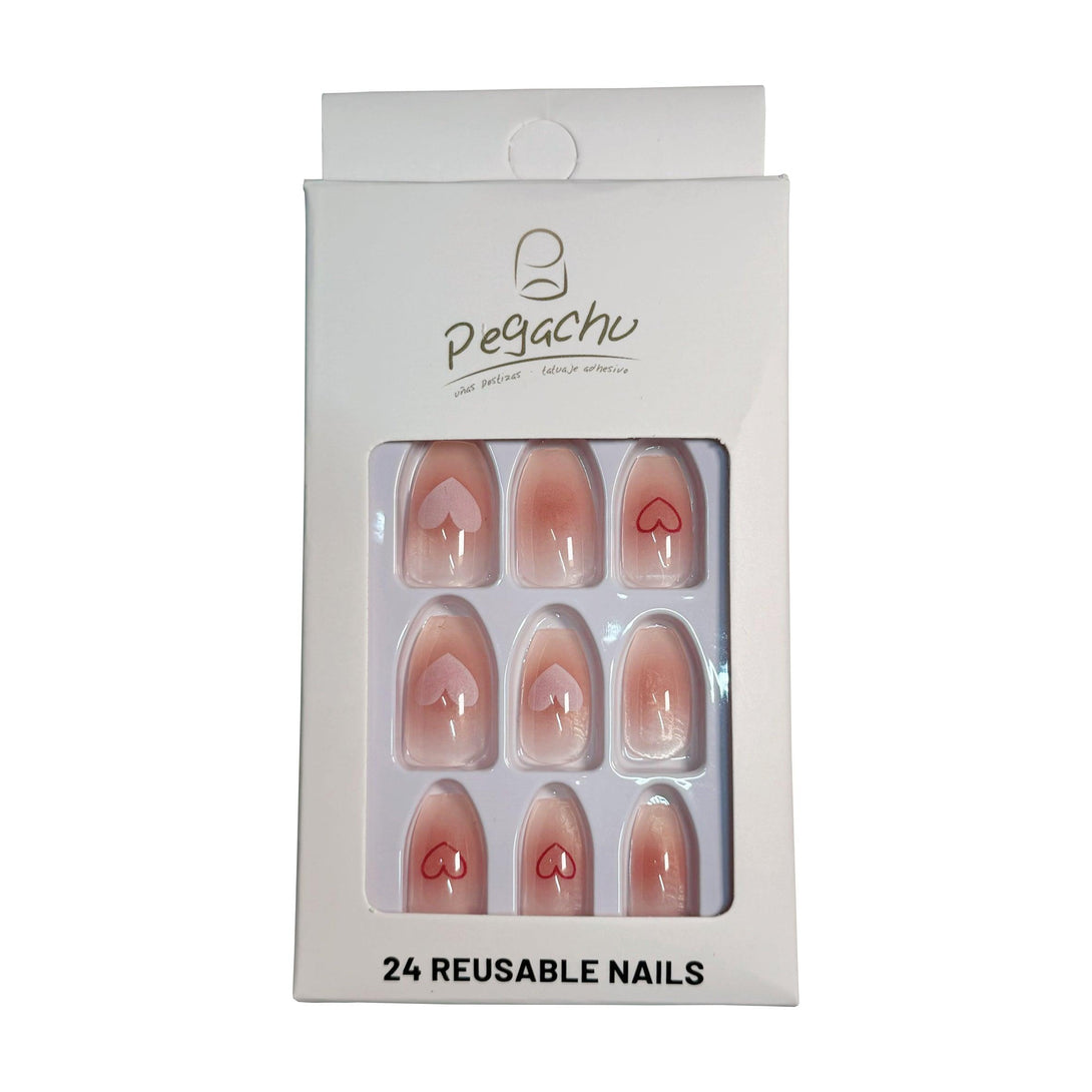 Pegachu uñas postizas 2024 verano modernas colores rosas rojas blancas nudes transparentes con corazones