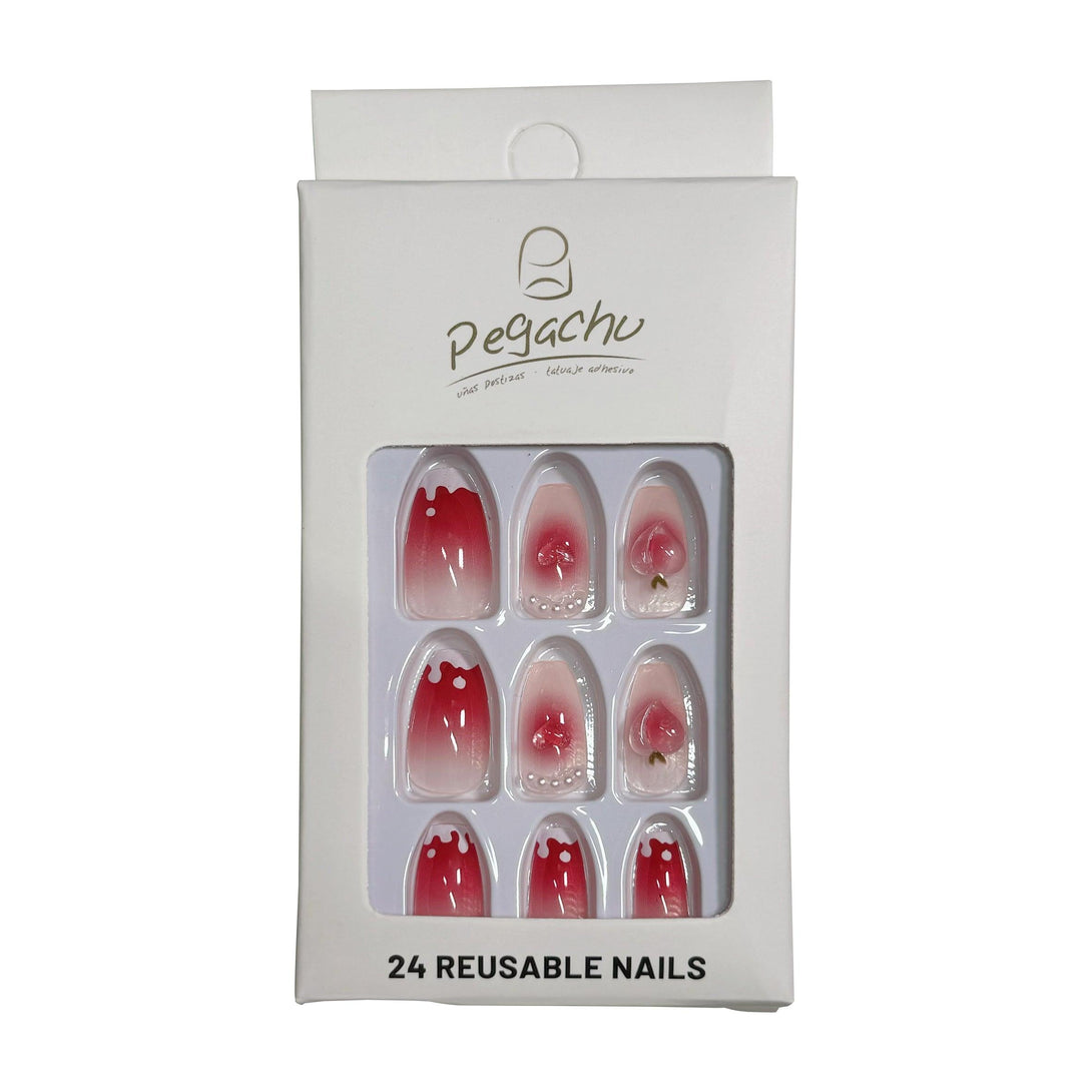 Pegachu uñas postizas 2024 verano modernas colores uñas postizas largas rosas transparentes con perlas, melocotón, corazón