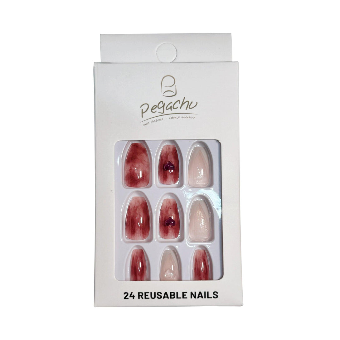 Pegachu uñas postizas 2024 verano modernas colores uñas postizas largas burdeas moradas con corazones, diamentes