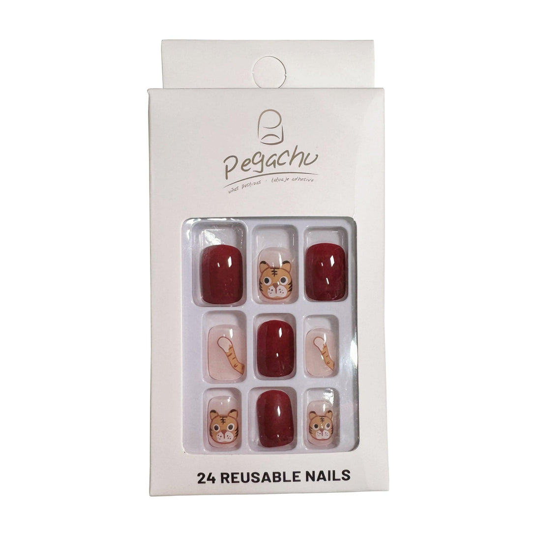 Pegachu uñas postizas 2024 verano modernas colores uñas postizas cuadradas de color vino tinto rojas naranjas con pequeño tigre