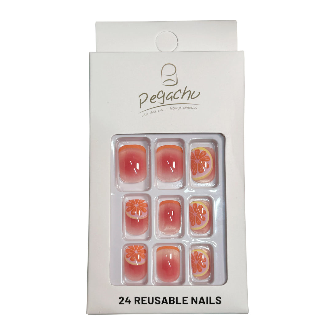 Pegachu uñas postizas 2024 verano modernas colores cuadradas naranjas transparentes con limón, pomelo