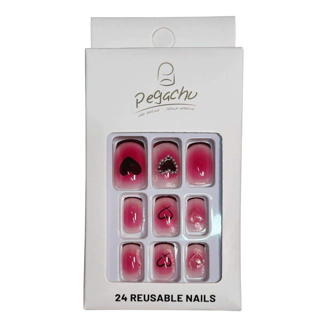 Pegachu uñas postizas 2024 verano modernas colores uñas postizas cuadradas francesas rosas con corazón, perlas