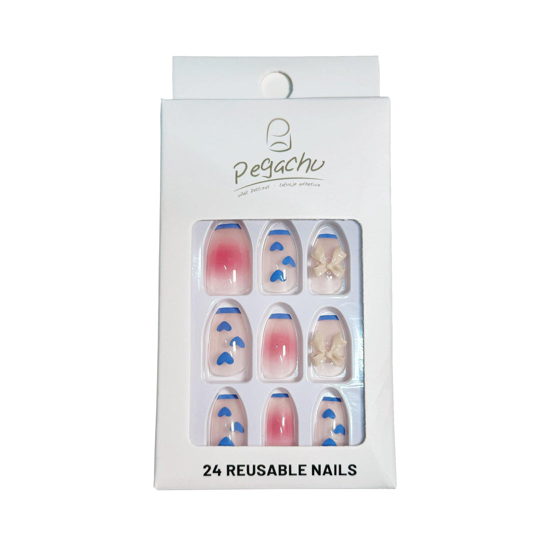 Pegachu uñas postizas 2024 verano modernas colores Uñas Postizas rosas azules transparentes degradadas Con Corazón, Lazo