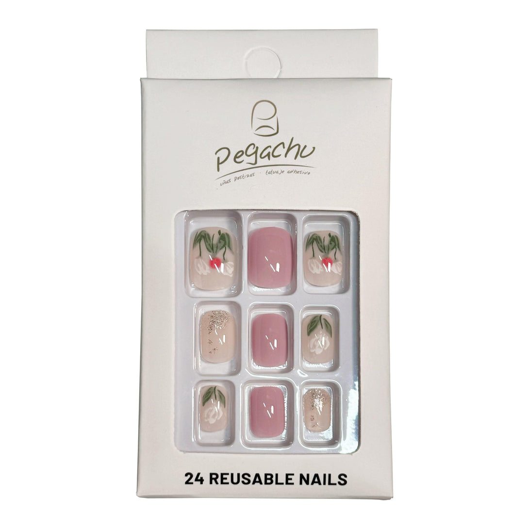 Pegachu uñas postizas 2024 verano modernas colores rosas transparentes francesas con flores blancos rojos