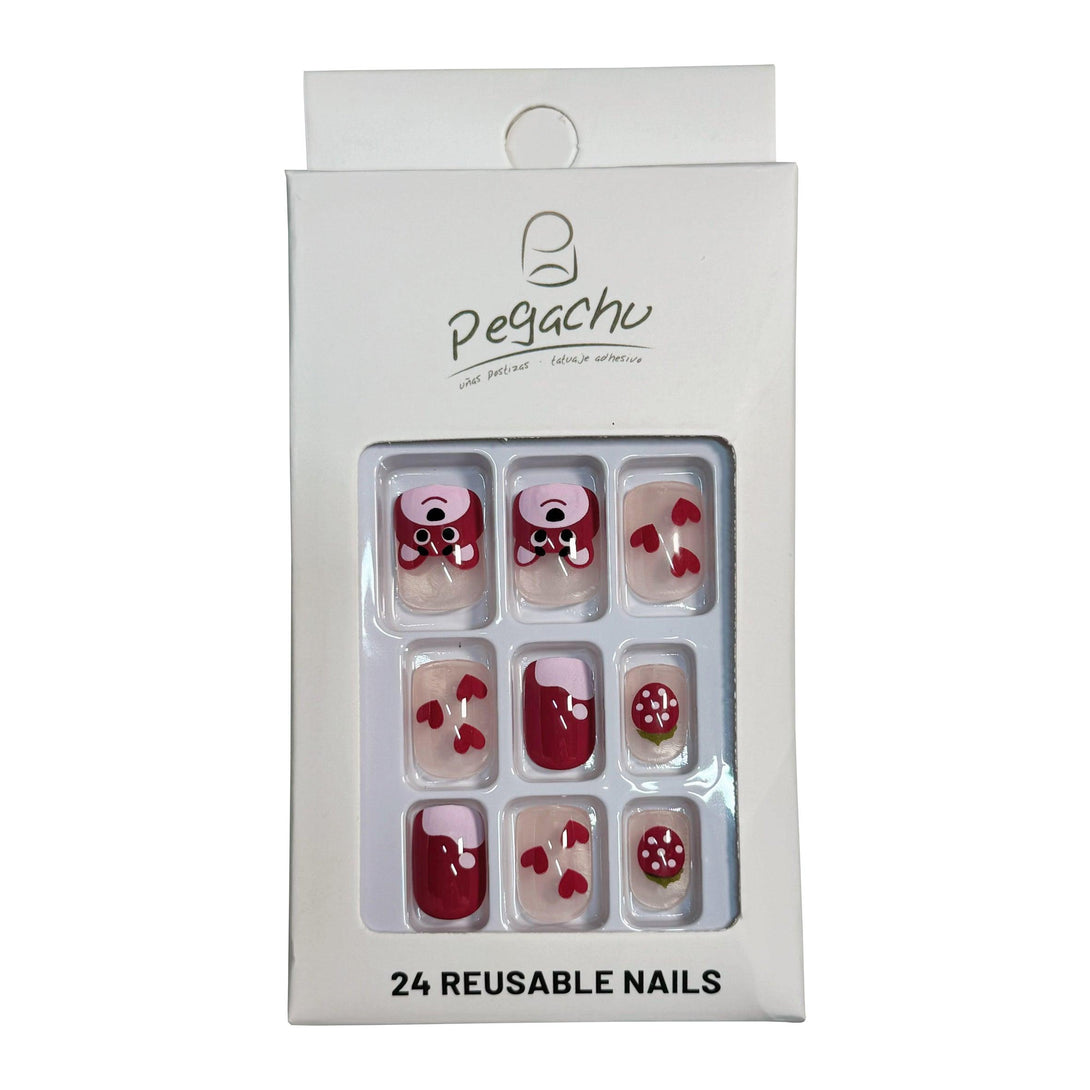 Pegachu uñas postizas 2024 verano modernas colores rojas transparentes con fresas, corazones, nubes, ositos de fresa