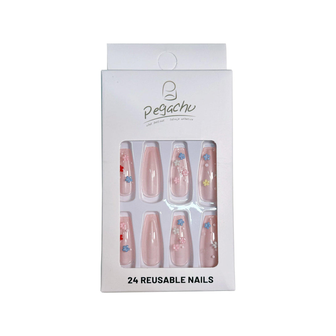 Pegachu uñas postizas 2024 verano modernas colores largas rosas nudes transparentea con flores de colores