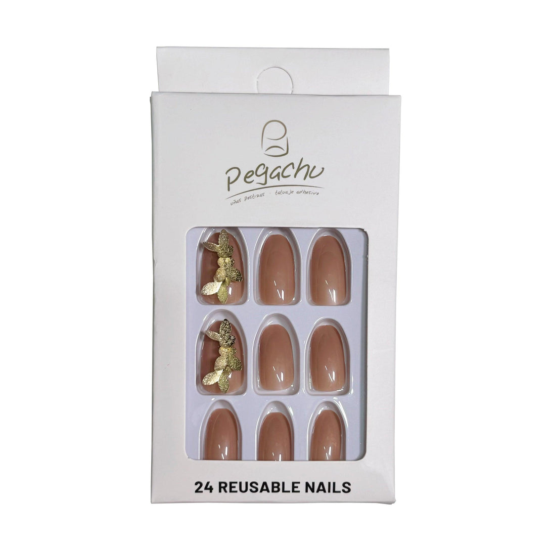 Pegachu uñas postizas 2024 verano modernas colores uñas postizas largas nudes rosas con mariposas dorados tridimensionales