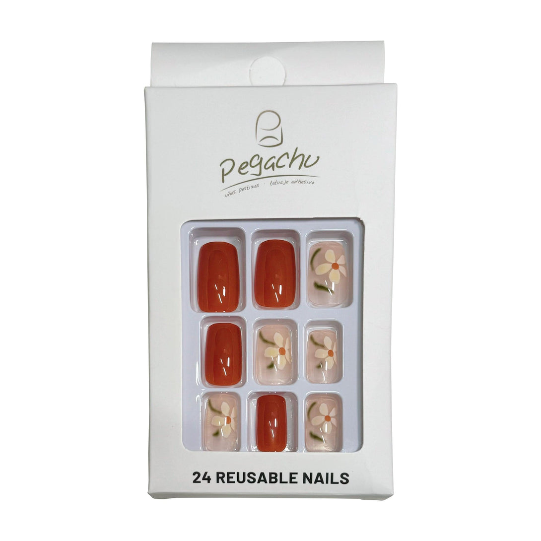 Pegachu uñas postizas 2024 verano modernas colores rojas transparentes con pequeñas flores amarillas