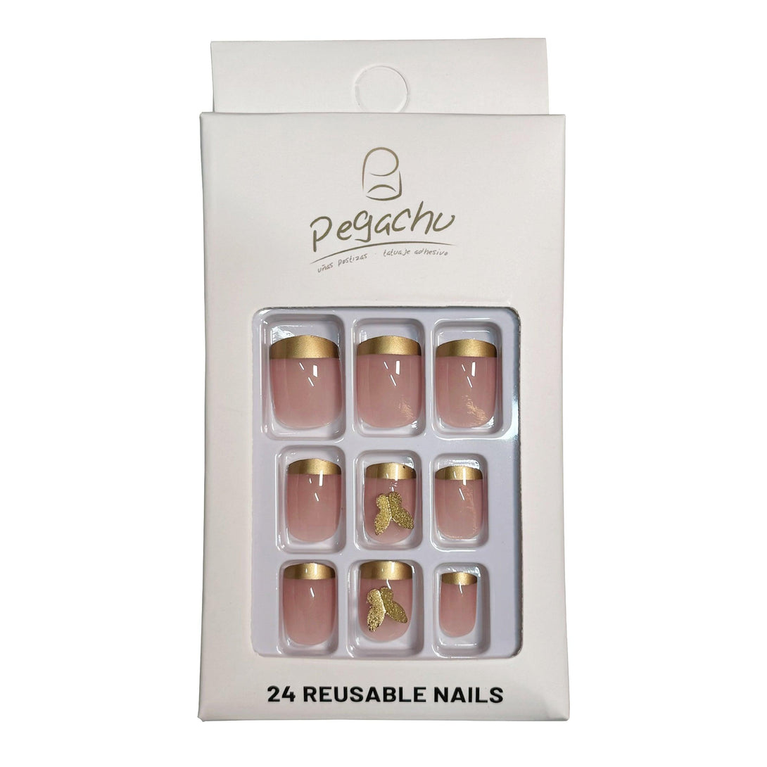 Pegachu uñas postizas 2024 verano modernas colores uñas postizas rosas nudes francesas cuadradas con mariposas doradas