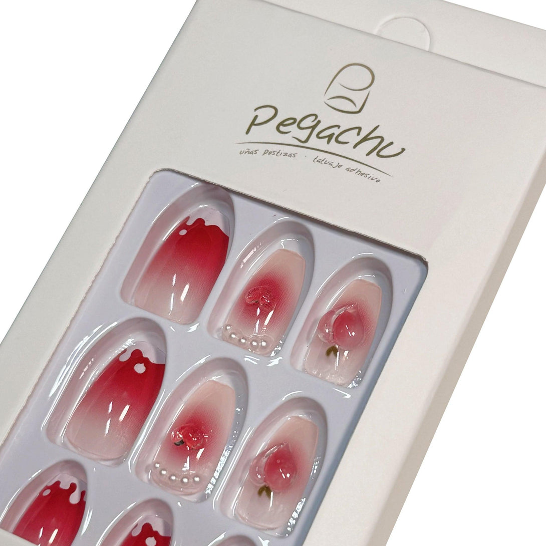 Pegachu uñas postizas 2024 verano modernas colores uñas postizas largas rosas transparentes con perlas, melocotón, corazón