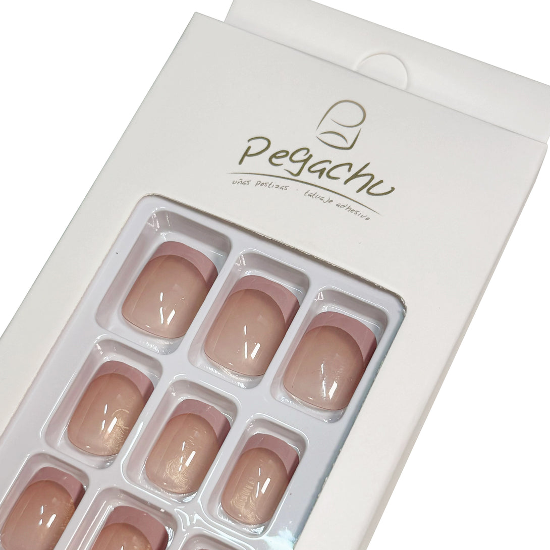 Pegachu uñas postizas 2024 verano modernas colores cuadradas francesa nudes con borde rosa