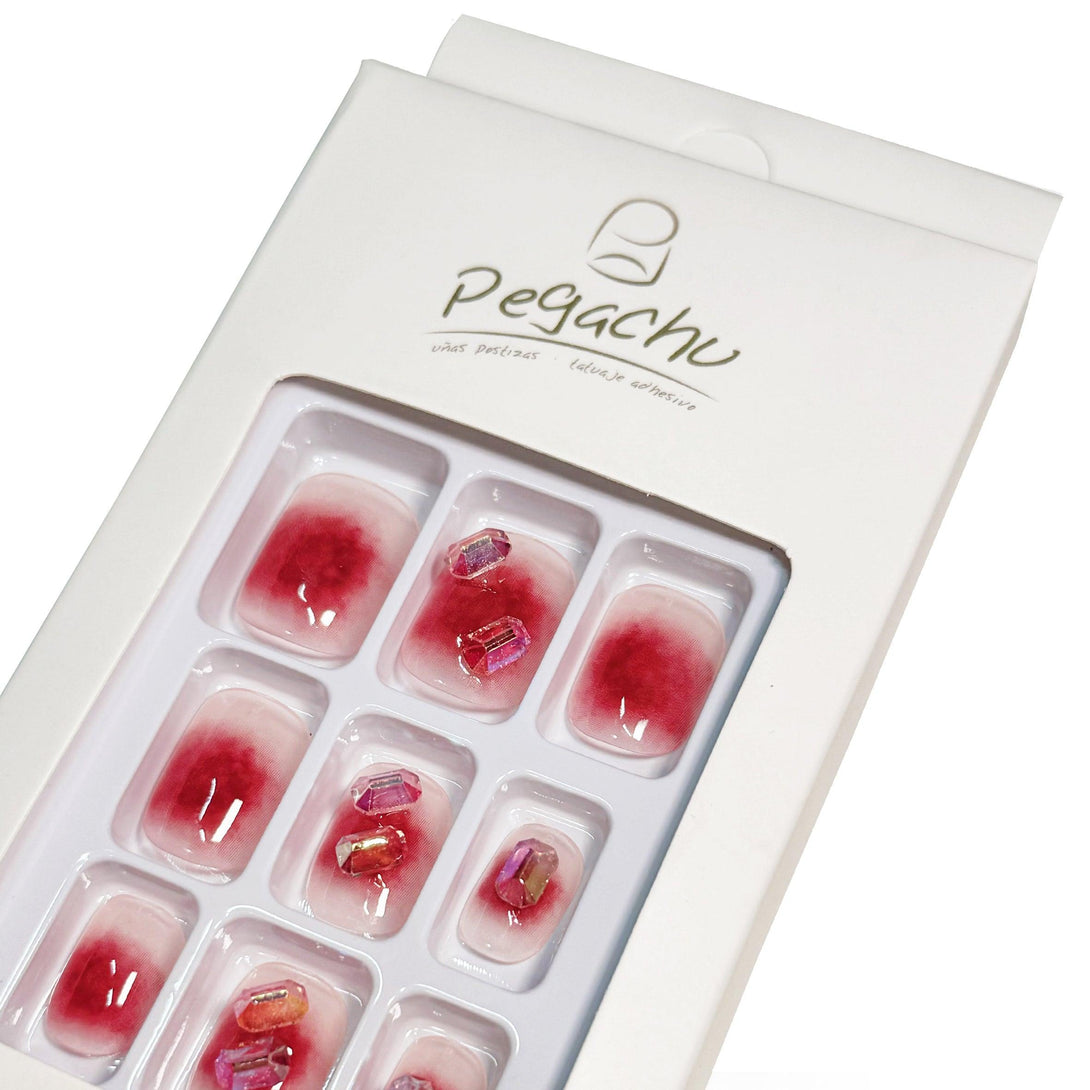 Pegachu uñas postizas 2024 verano modernas colores uñas postizas cuadradas rosas rojas transparentes con diamantes cuadrados