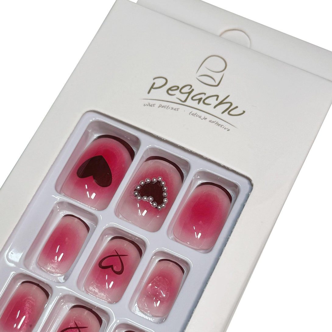 Pegachu uñas postizas 2024 verano modernas colores uñas postizas cuadradas francesas rosas con corazón, perlas