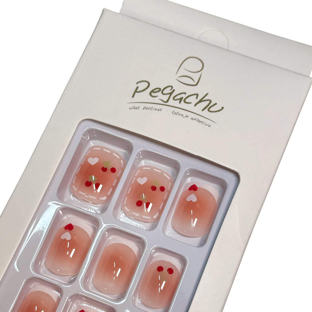 Pegachu uñas postizas 2024 verano modernas colores uñas postizas francesa rosas con corazón, cereza