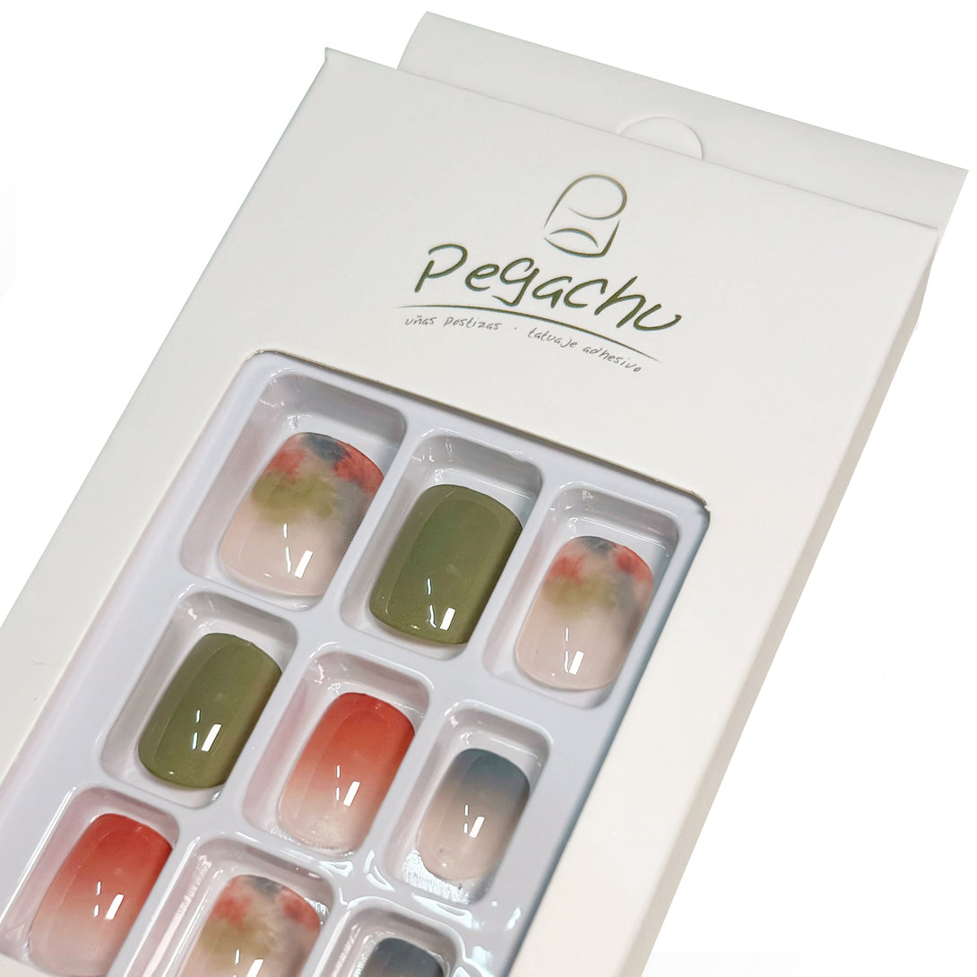 Pegachu uñas postizas 2024 verano modernas colores uñas postizas cuadradas verdes rosas transparentes de color mezclado