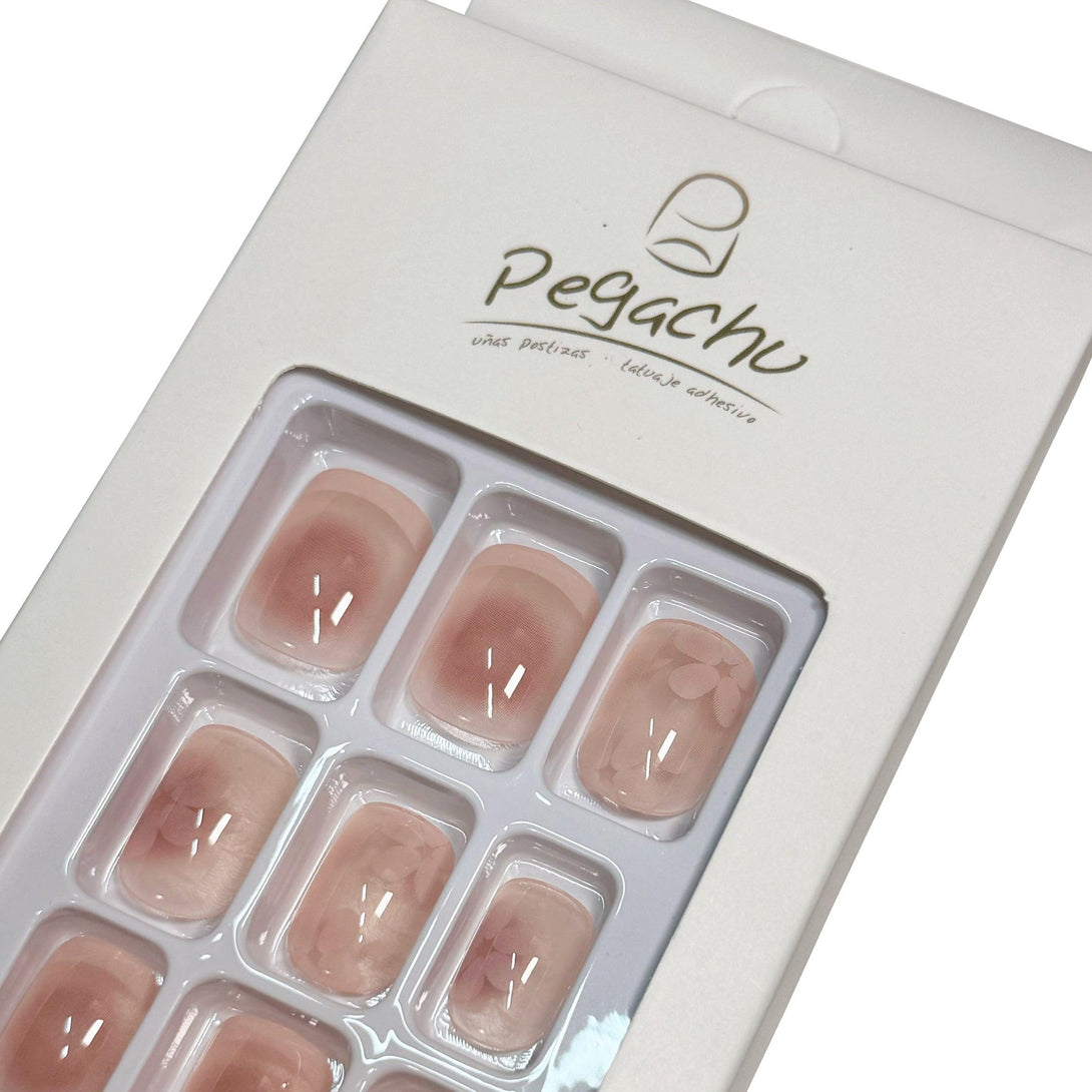 Pegachu uñas postizas 2024 verano modernas colores uñas postizas rosas degradadas francesas con flores blancos de cerezo