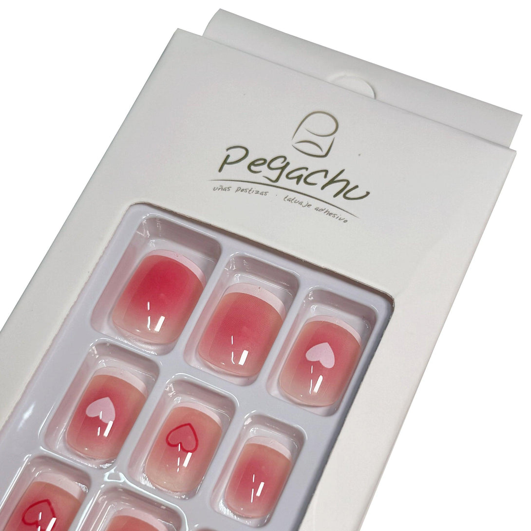 Pegachu uñas postizas 2024 verano modernas colores Francesas Rosas Blancas Con Corazones