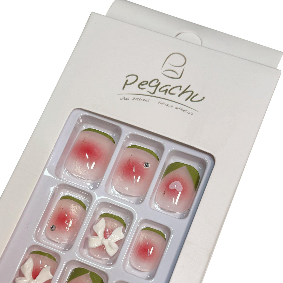 Pegachu uñas postizas 2024 verano modernas colores uñas postizas francesas verdes rosas transparentes con lazo blanco