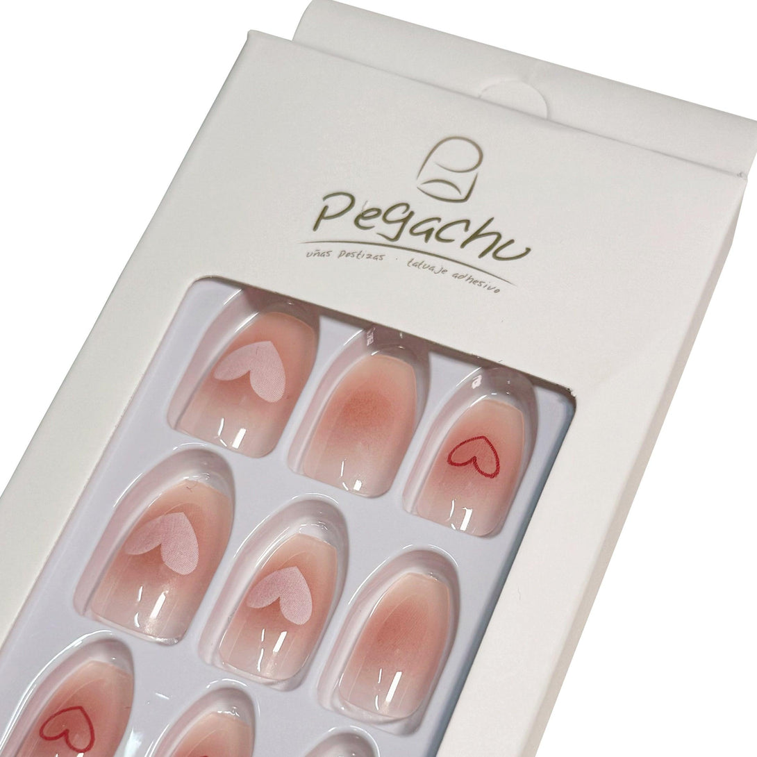 Pegachu uñas postizas 2024 verano modernas colores rosas rojas blancas nudes transparentes con corazones