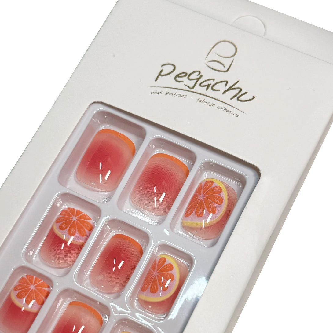 Pegachu uñas postizas 2024 verano modernas colores cuadradas naranjas transparentes con limón, pomelo