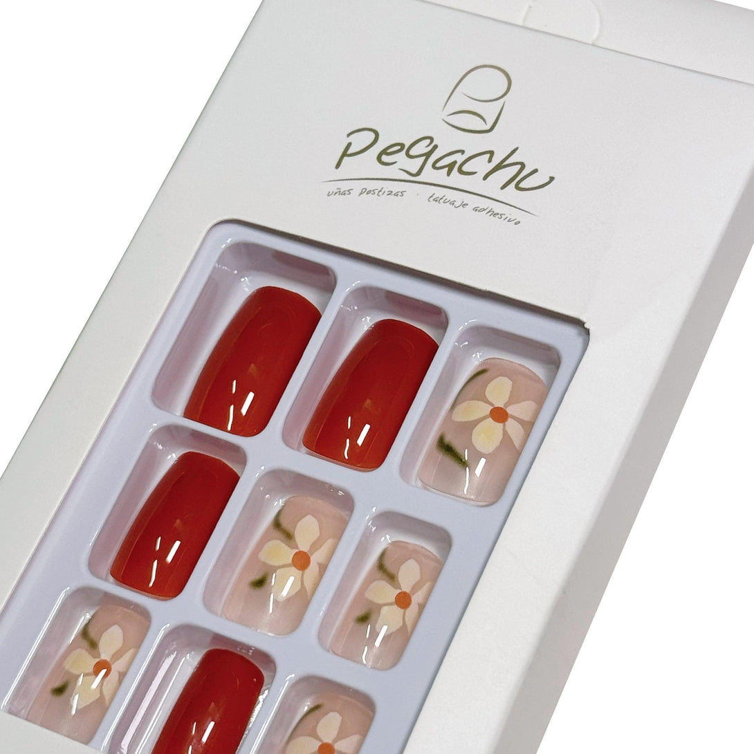 Pegachu uñas postizas 2024 verano modernas colores rojas transparentes con pequeñas flores amarillas